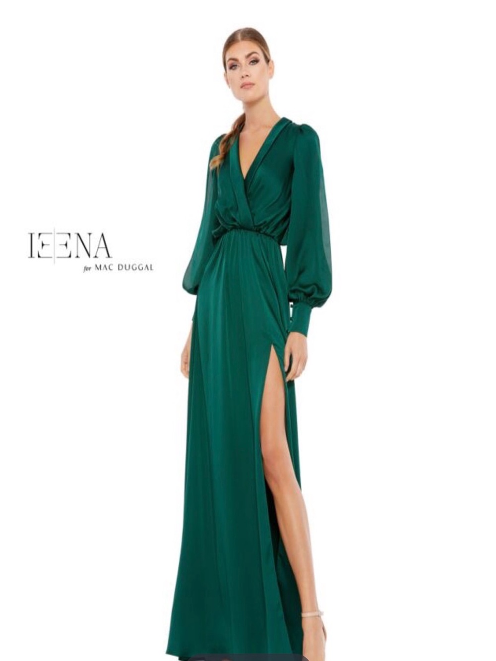 Mac Duggal Emerald Green Long Sleeve High-Slit Maxi Dress